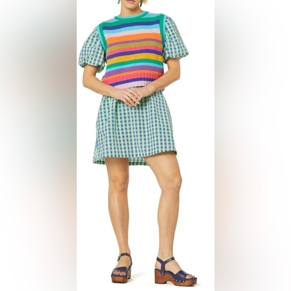 Gorman Stay in Check Mini Dress Puff Sleeve Green Blue Gingham Size 6 NWT - Picture 6 of 13